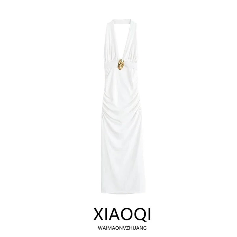 Summer 2025 Women's Long Svel Dr Design Sense Pleated Ne Hanging Gown Ele High Waist V-ne Single Piece