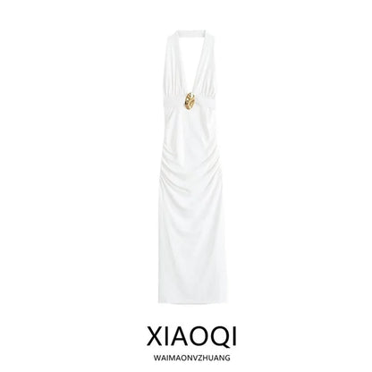 Summer 2025 Women's Long Svel Dr Design Sense Pleated Ne Hanging Gown Ele High Waist V-ne Single Piece