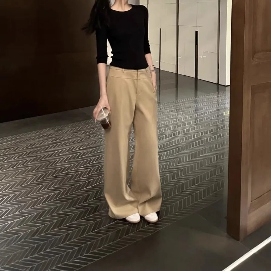 Wide Leg Pants Ivory Womens Fall Office Professional Chino Plaid Classic Straight-Leg Urban Formal Elegant Trousers Highstreet