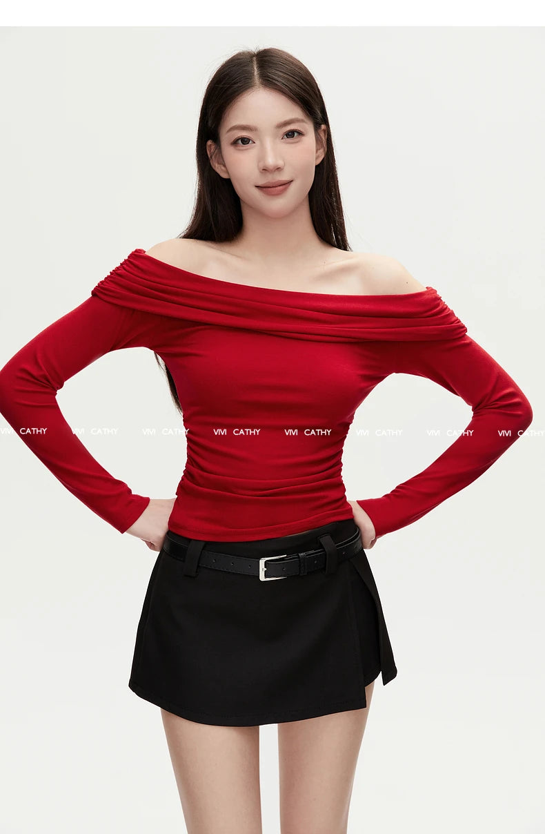 VIVIHY2025 Autumn Retro One-oulder Long Sve Base irt Women Slimming Spicy Red Inner ort Top Commute Casual