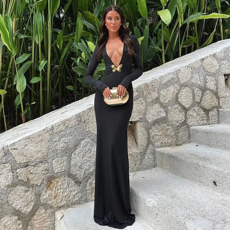 Ele Sexy Hollow out Long Sve Women's Dr Faionable  Design High Waist Slim Fit Midi Dr Cross-Border