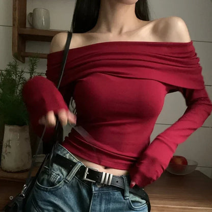 Women Off Shoulder Long Sleeve Knitted T-shirt Sexy Tops Solid Elegant Autumn Winter New Spicy Girl Slim Fit Short Red Crop Top