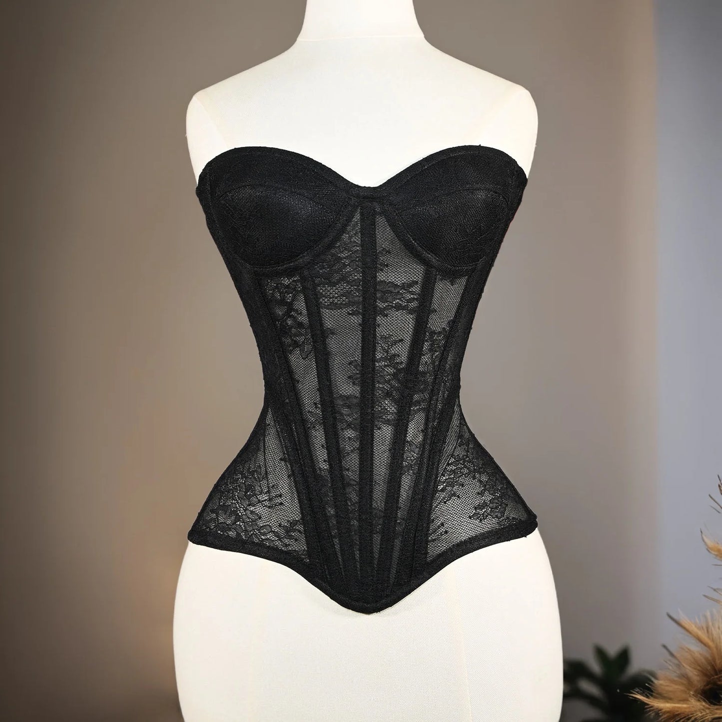 Women Fancy Corset Busiter Overbust Cups Push Breast Floral Lace Bodice Sext Tansparent Strapless Crop Tops Lace Up Steel Boned