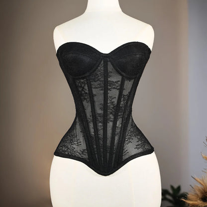 Women Fancy Corset Busiter Overbust Cups Push Breast Floral Lace Bodice Sext Tansparent Strapless Crop Tops Lace Up Steel Boned