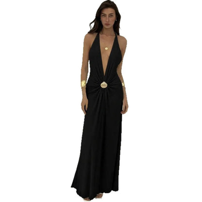 Sexy Deep V Backless Patchwork Long Dress Women's G25D253-2025 Cross-Border New Style Polyester Spandex High Waist Sleeveless