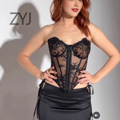 2025 new sweater new black sexy babes double mesh lace steel ring fishbone see-through tube top 150