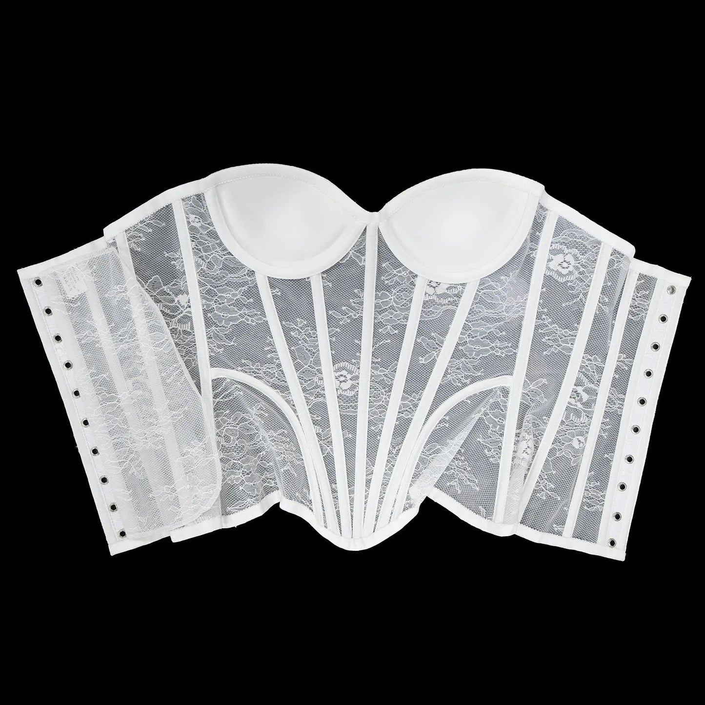 Women Fancy Corset Busiter Overbust Cups Push Breast Floral Lace Bodice Sext Tansparent Strapless Crop Tops Lace Up Steel Boned