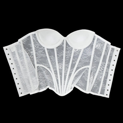 Women Fancy Corset Busiter Overbust Cups Push Breast Floral Lace Bodice Sext Tansparent Strapless Crop Tops Lace Up Steel Boned