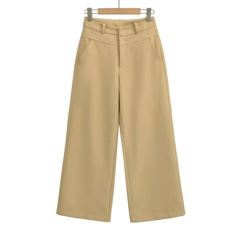 BANA Khaki American Sle Narrow Straight Leg Pants Drapey Loose Fit Trousers High Waist Zipper Closure Straight Leg Pants