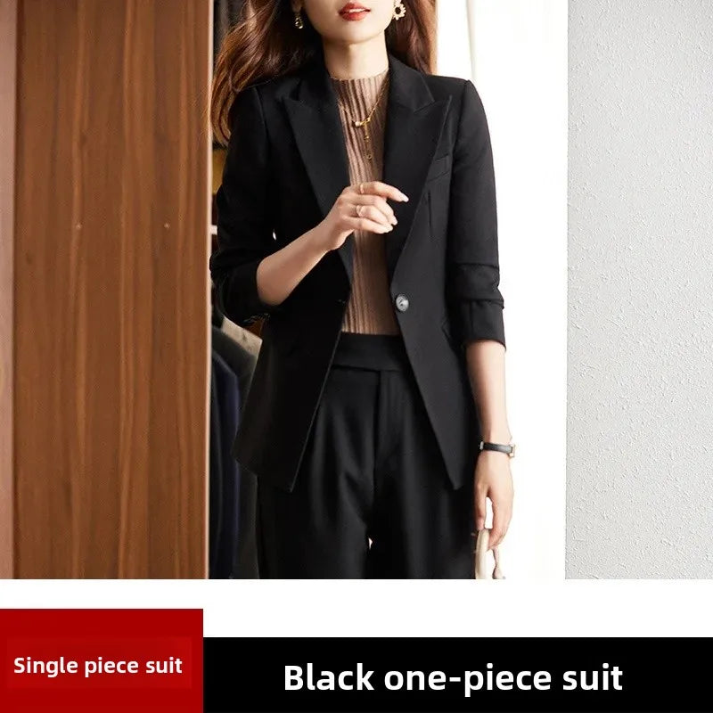 Black Suit Set Women's Workwear Professional Autumn Winter Outfit Small Size Career Outerwear Office Uniform Long Pants