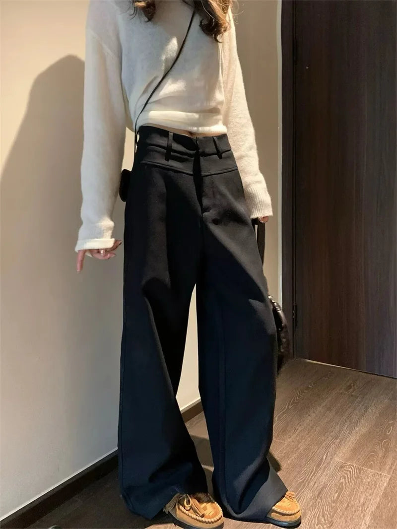 BANA Khaki American Sle Narrow Straight Leg Pants Drapey Loose Fit Trousers High Waist Zipper Closure Straight Leg Pants