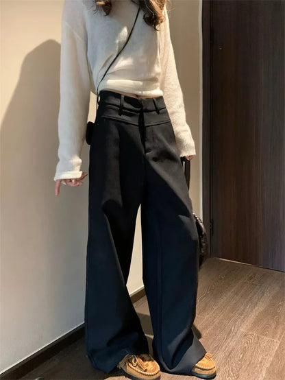 BANA Khaki American Sle Narrow Straight Leg Pants Drapey Loose Fit Trousers High Waist Zipper Closure Straight Leg Pants