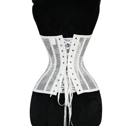 Women Fancy Corset Busiter Overbust Cups Push Breast Floral Lace Bodice Sext Tansparent Strapless Crop Tops Lace Up Steel Boned