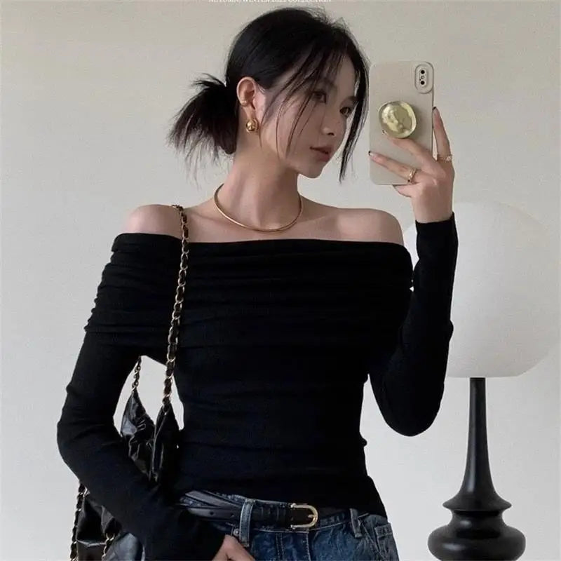Black Sexy Tops Off Shoulder Long Sleeve T-shirt Women's Solid Elegant Autumn/Winter New Spicy Girl Slim Fit Short Red Crop Top