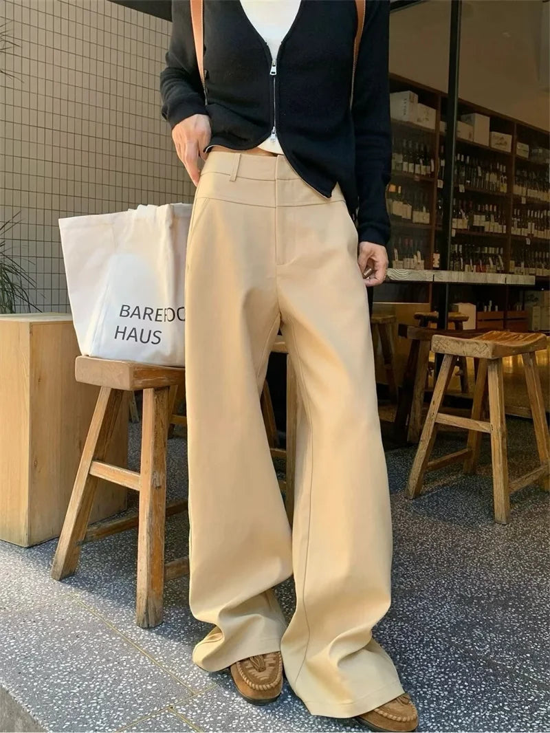 BANA Khaki American Sle Narrow Straight Leg Pants Drapey Loose Fit Trousers High Waist Zipper Closure Straight Leg Pants