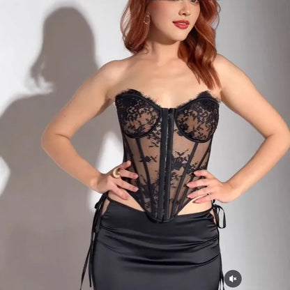 2025 new sweater new black sexy babes double mesh lace steel ring fishbone see-through tube top 150