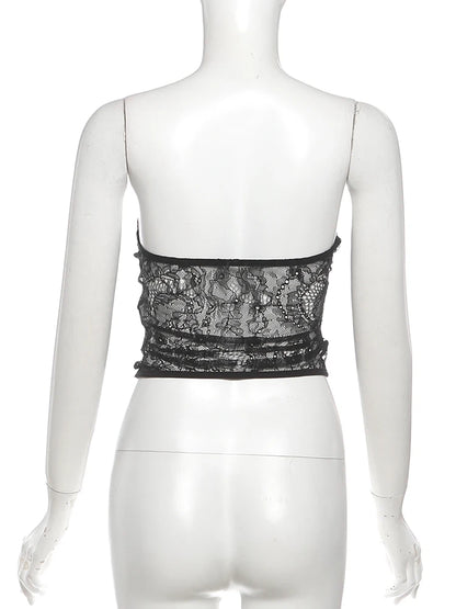 Nibber Low-Neck Tank Top Women Sexy Y2K Jacquard Trend Patchwork Sleeveless Coquette Midnight Party Club Stretch Skinny Vest