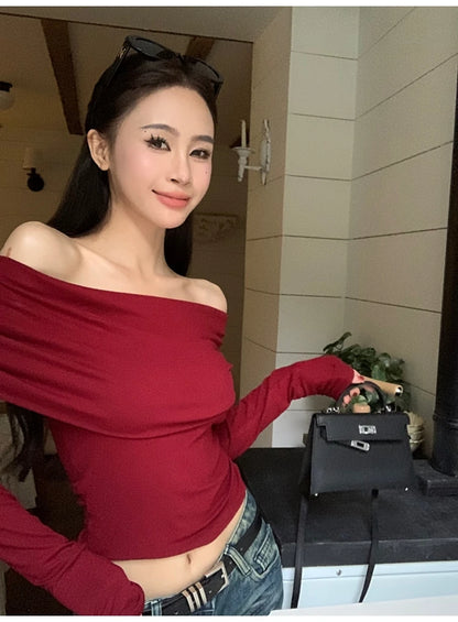 Black Sexy Tops Off Shoulder Long Sleeve T-shirt Women's Solid Elegant Autumn/Winter New Spicy Girl Slim Fit Short Red Crop Top