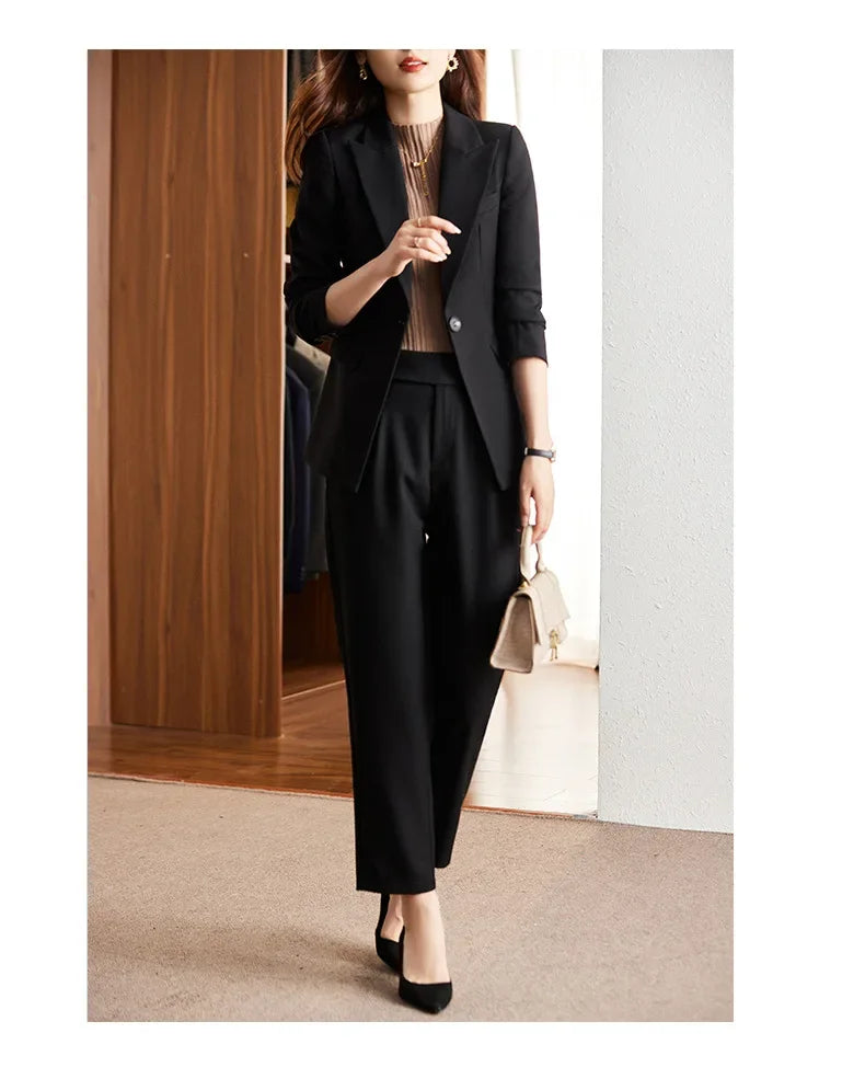 Black Suit Set Women's Workwear Professional Autumn Winter Outfit Small Size Career Outerwear Office Uniform Long Pants