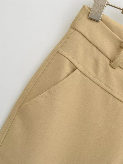 BANA Khaki American Sle Narrow Straight Leg Pants Drapey Loose Fit Trousers High Waist Zipper Closure Straight Leg Pants