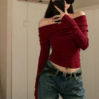 Women Off Shoulder Long Sleeve Knitted T-shirt Sexy Tops Solid Elegant Spring Summer New Spicy Girl Slim Fit Short Red Crop Top