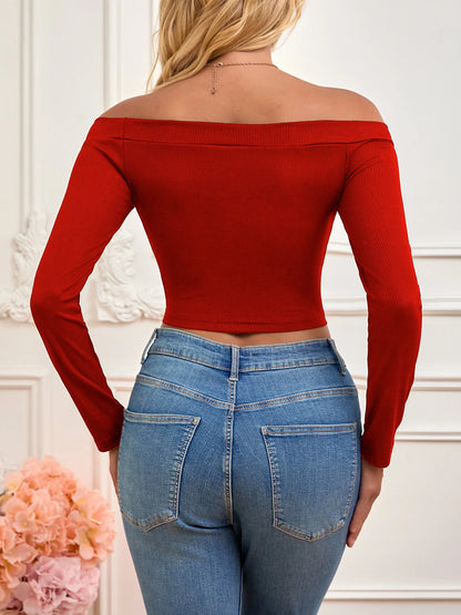 Women Casual Off Shoulder T Shirt Knit Top Solid Color Versatile One Shoulder Knitting Top Spring Autumn Fashion