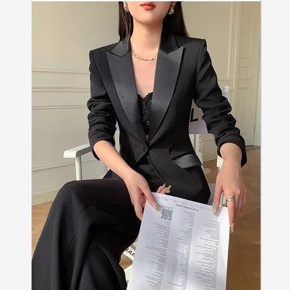 Solid Color OL Patchwork Two Piece Set Women Notched Collar One Button Outwear +Micro Flared Pants Spring Set 276M ﻿