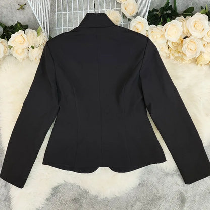Elegant Blazer Women Fall 2025 Metal Button Suit Slim V Neck Long Sleeve Fake Pocket Jacket Shoulder Pads Office Lady Outwear