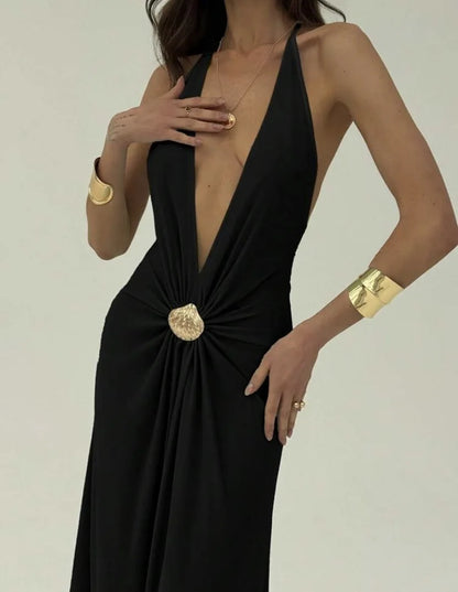 Sexy Deep V Backless Patchwork Long Dress Women's G25D253-2025 Cross-Border New Style Polyester Spandex High Waist Sleeveless