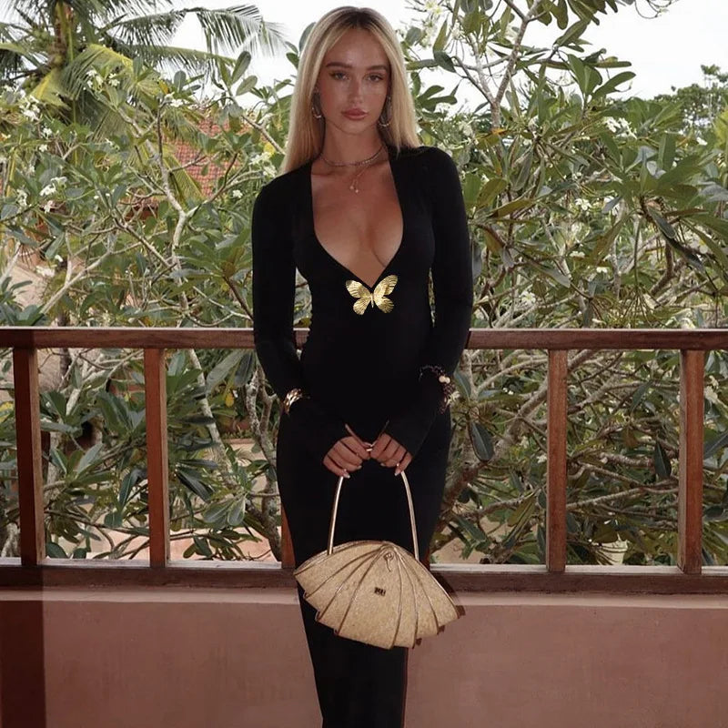 Ele Sexy Hollow out Long Sve Women's Dr Faionable  Design High Waist Slim Fit Midi Dr Cross-Border