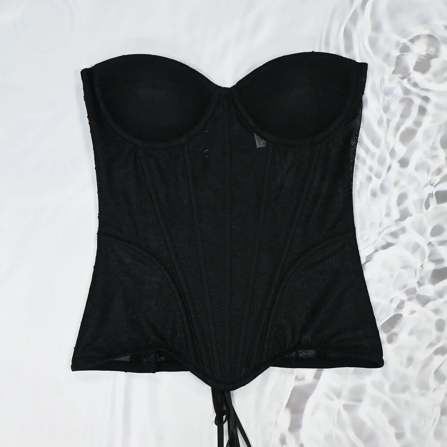 Women Mesh Corset Busiter Overbust Cups Push Breast Floral Lace Bodice Sext Tansparent Strapless Crop Tops Lace Up Steel Boned