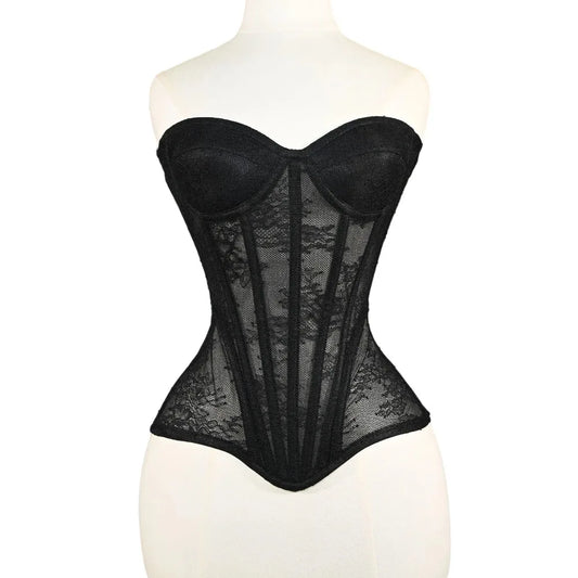 Women Mesh Corset Busiter Overbust Cups Push Breast Floral Lace Bodice Sext Tansparent Strapless Crop Tops Lace Up Steel Boned