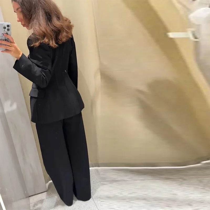 Elegant Blazer Pants Set Women Solid V-neck Long Sleeve Button Coat Wide Leg Trousers 2026 Spring Fashion Office Lady Outfits