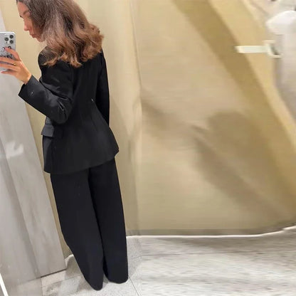 Elegant Blazer Pants Set Women Solid V-neck Long Sleeve Button Coat Wide Leg Trousers 2026 Spring Fashion Office Lady Outfits