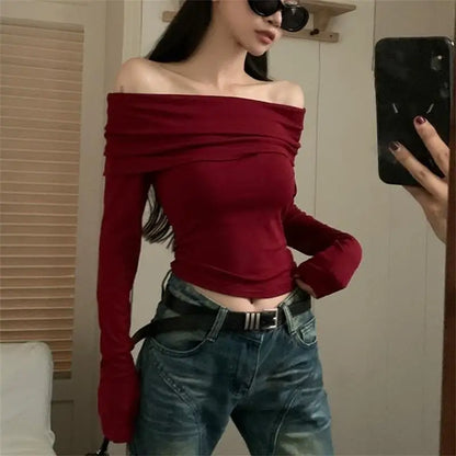 Sexy Tops Off Shoulder Long Sleeve Crop Top Women's Autumn/Winter 2024 New Spicy Girl Slim Fit Short Red T-shirt