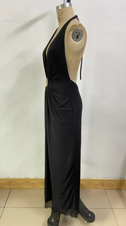 Sexy Deep V Backless Patchwork Long Dress Women's G25D253-2025 Cross-Border New Style Polyester Spandex High Waist Sleeveless