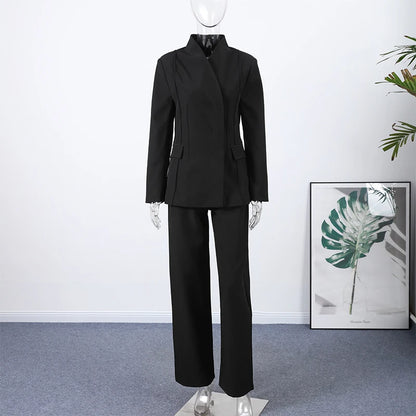 Elegant Blazer Pants Set Women Solid V-neck Long Sleeve Button Coat Wide Leg Trousers 2026 Spring Fashion Office Lady Outfits