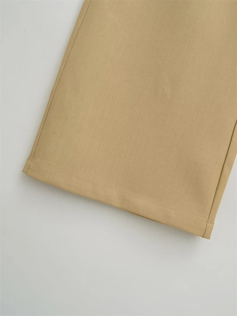 BANA Khaki American Sle Narrow Straight Leg Pants Drapey Loose Fit Trousers High Waist Zipper Closure Straight Leg Pants