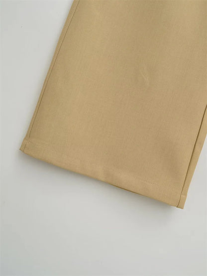 BANA Khaki American Sle Narrow Straight Leg Pants Drapey Loose Fit Trousers High Waist Zipper Closure Straight Leg Pants