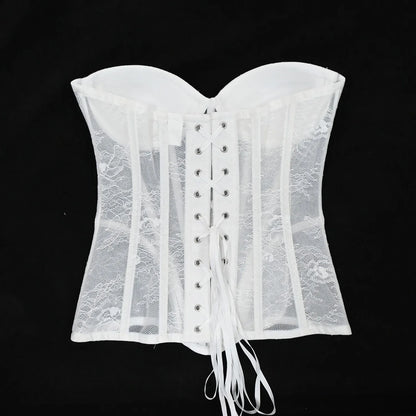 Women Mesh Corset Busiter Overbust Cups Push Breast Floral Lace Bodice Sext Tansparent Strapless Crop Tops Lace Up Steel Boned