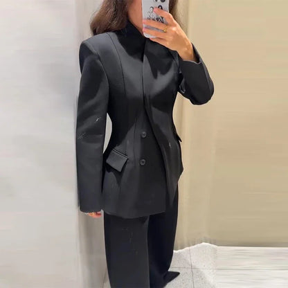 Elegant Blazer Pants Set Women Solid V-neck Long Sleeve Button Coat Wide Leg Trousers 2026 Spring Fashion Office Lady Outfits