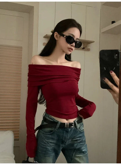 Women Off Shoulder Long Sleeve Knitted T-shirt Sexy Tops Solid Elegant Autumn Winter New Spicy Girl Slim Fit Short Red Crop Top