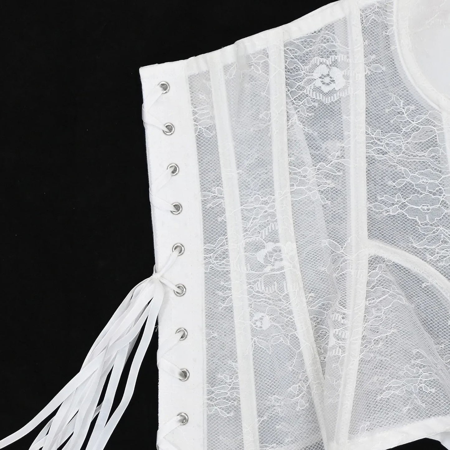 Women Mesh Corset Busiter Overbust Cups Push Breast Floral Lace Bodice Sext Tansparent Strapless Crop Tops Lace Up Steel Boned