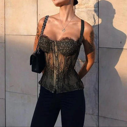 Women Fashion Elegant Lace See Through Skinny Mini Y2K Underwear Corset Crop Tops 2025 Sleeveless Sexy Club Slim Fit Tank Top
