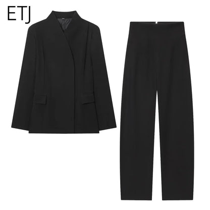 ETJ 2025 women's new fashion design three-dimensional cut high collar slim suit jacket & matching casual trousers