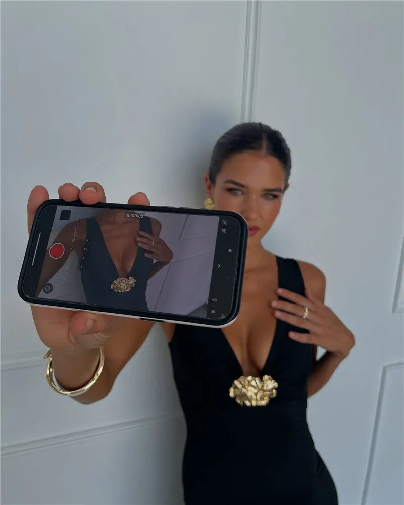 Mozision Elegant Deep V Neck Front Gold Clasp Sexy Maxi Dress For Women Black Gown Sleeveless Slim Fit Long Tank Dress Elegant