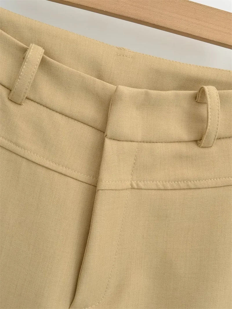 BANA Khaki American Sle Narrow Straight Leg Pants Drapey Loose Fit Trousers High Waist Zipper Closure Straight Leg Pants