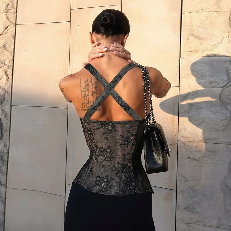 Women Fashion Elegant Lace See Through Skinny Mini Y2K Underwear Corset Crop Tops 2025 Sleeveless Sexy Club Slim Fit Tank Top