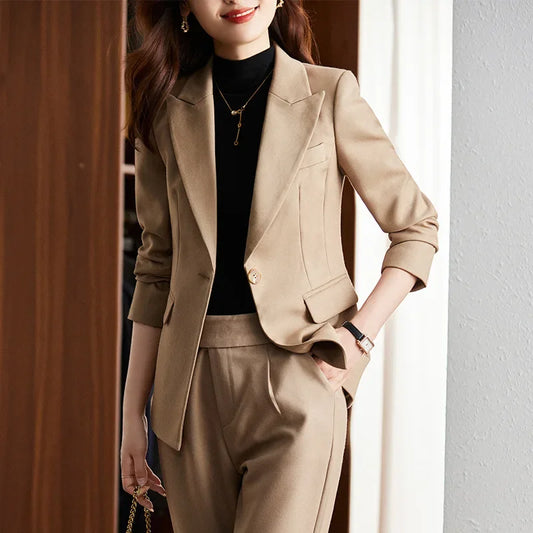 Black Suit Set Women's Workwear Professional Autumn Winter Outfit Small Size Career Outerwear Office Uniform Long Pants
