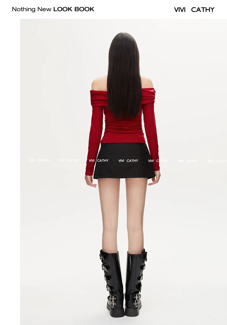 VIVIHY2025 Autumn Retro One-oulder Long Sve Base irt Women Slimming Spicy Red Inner ort Top Commute Casual
